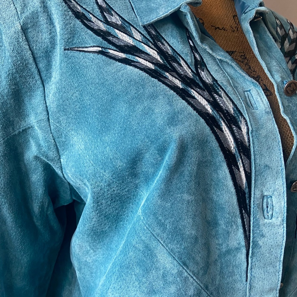 Bob Mackie Wearable Art Sz M Teal Suede Leather Women's Blazer - Picture 4 of 11